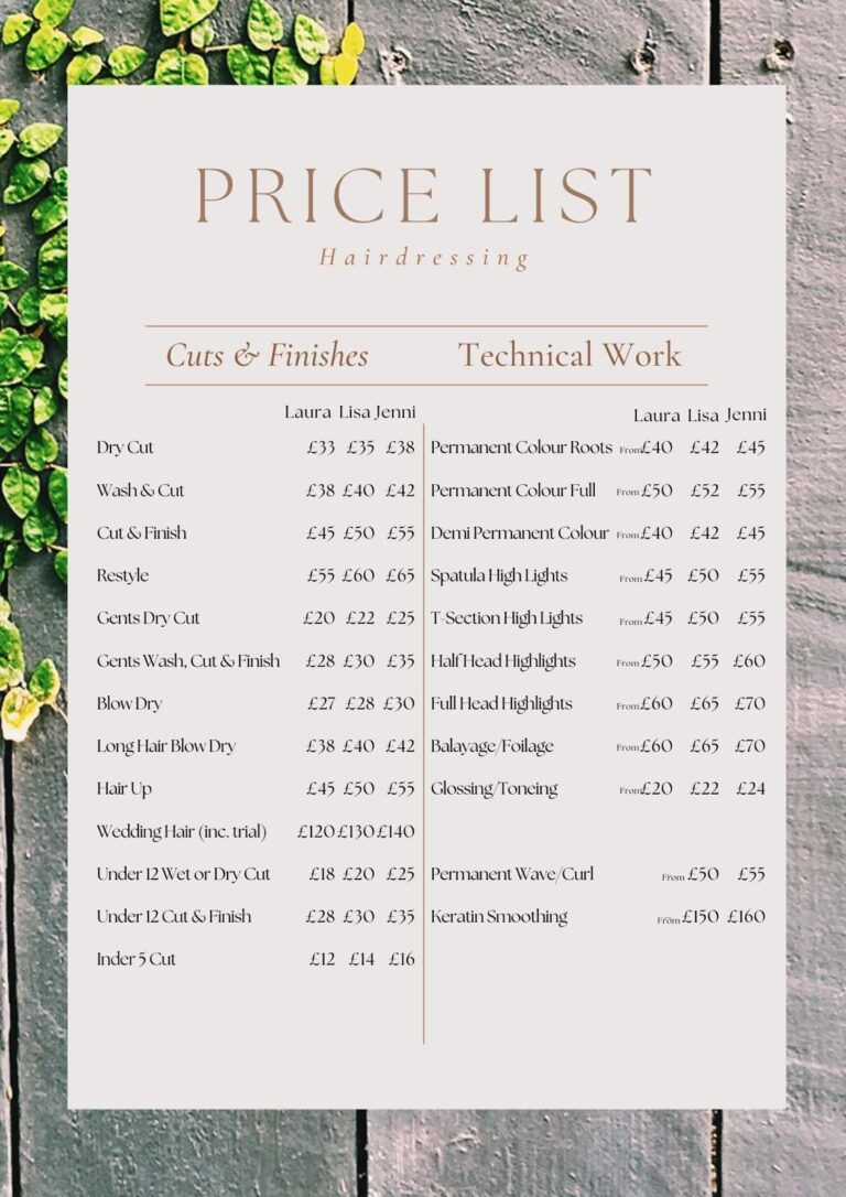 Number Three Eco Salon Price List